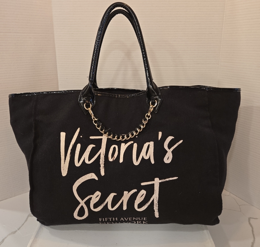 Victorias Secret City Chain Logo Spell Out Large Tote Bag Black White